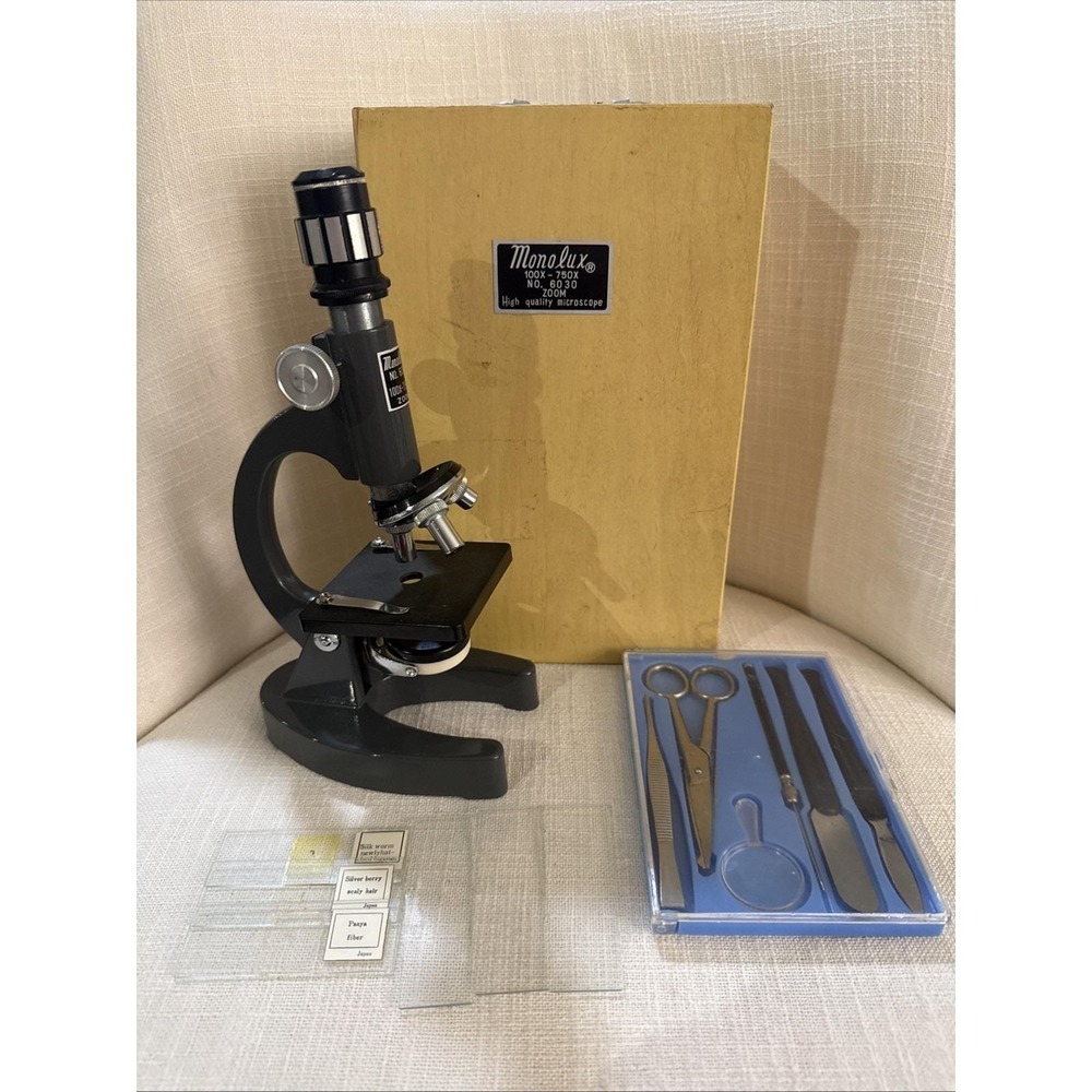 Vintage Monolux No. 6030‎ Microscope Kit 100x–750x Japan Wood Case READ